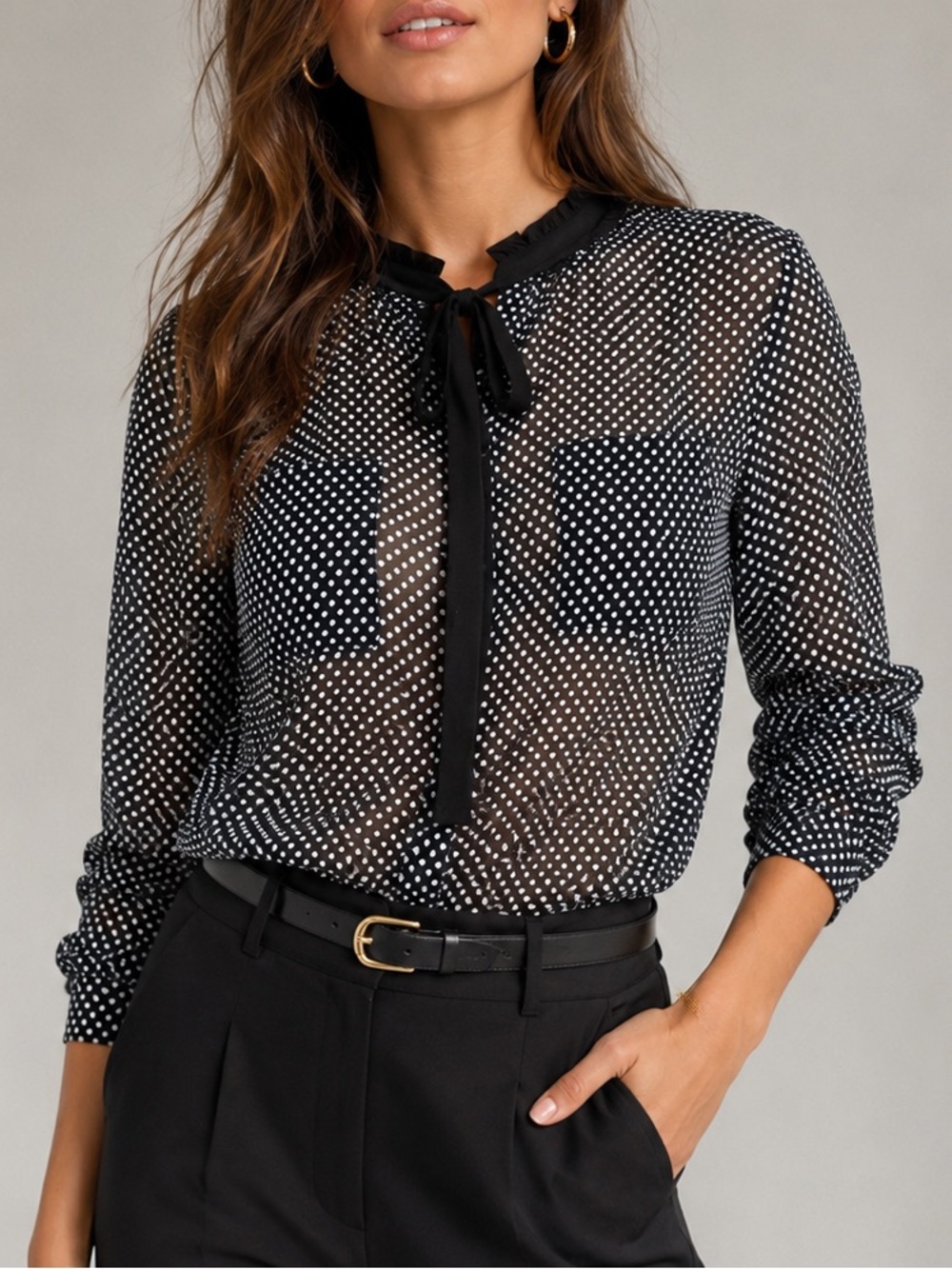 LOFT Black & White Polka Dot Sheer Tie Neck Blouse Size M (1412)